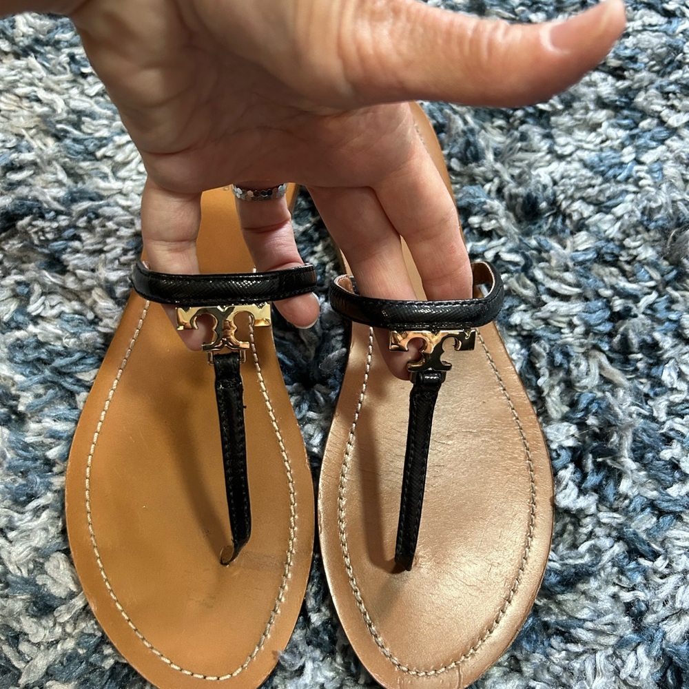 Black and Tan T-Strap Sandals with Zipper Detail